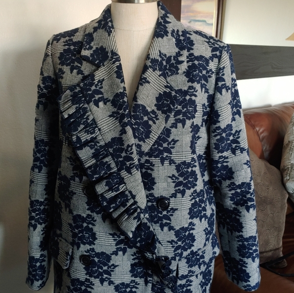 Halogen Blue Floral Plaid Print Ruffle Coat - Picture 4 of 11